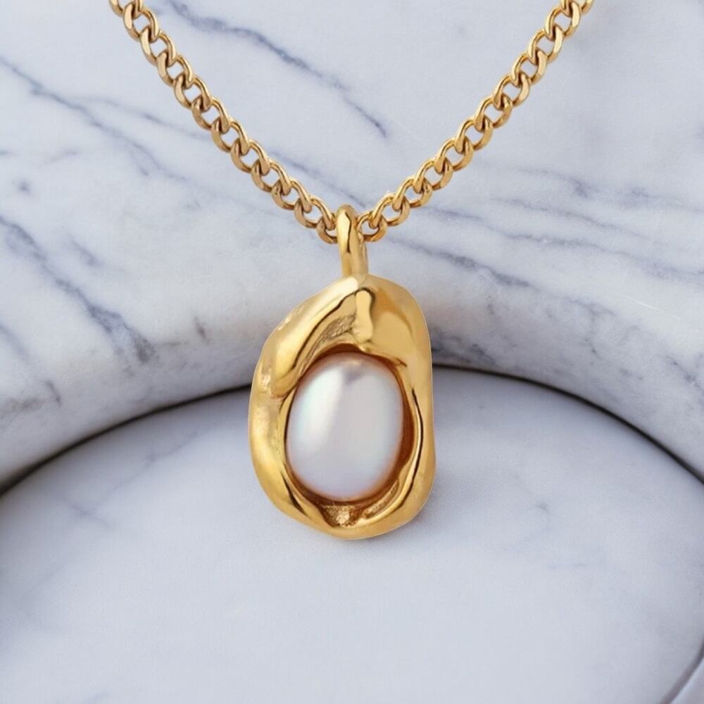 NEW 18K yellow gold plated freshwater pearl necklace chain jewelry B22B - Picture 5 of 5